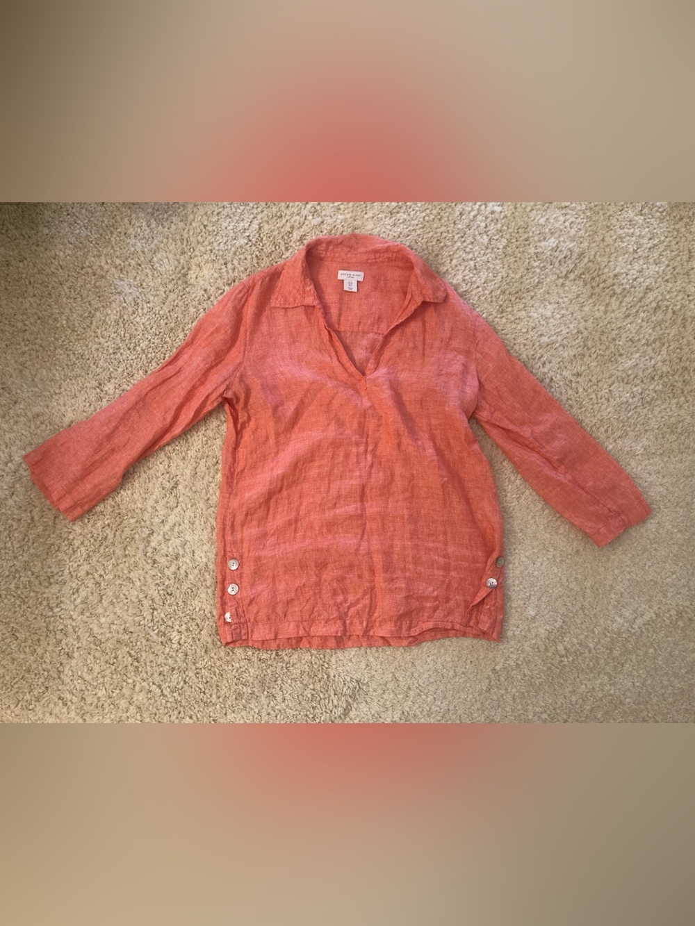 Antibes Blanc Coral V-Neck Linen Tunic with Button Side Tabs Womenβs Size Small